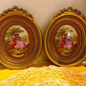 2 VTG Victorian Limoges Fragonard Couple Painted Porcelain Cameo Frames #320